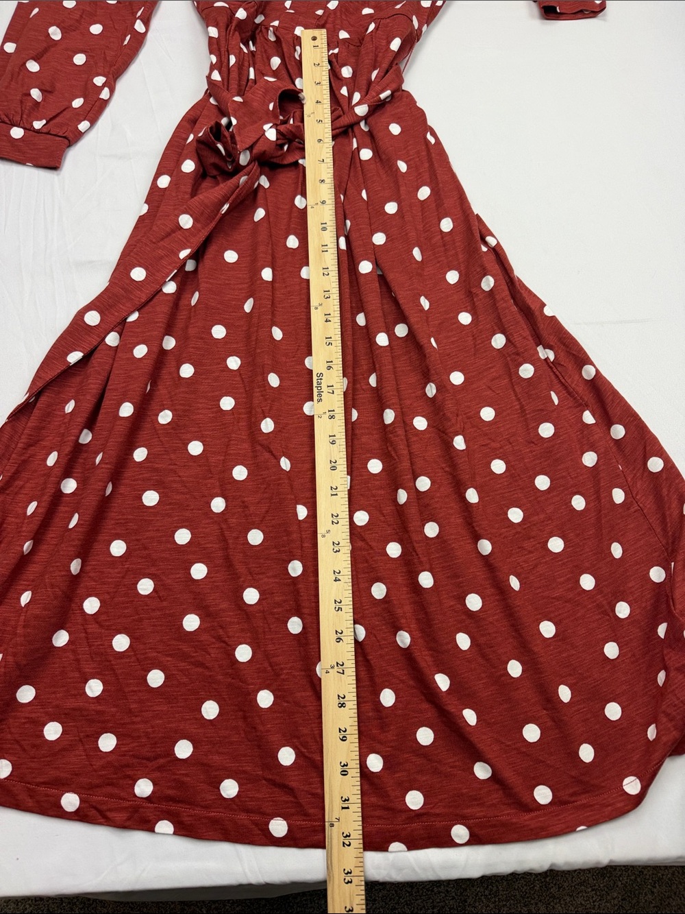 Boden Rust Red Polka Dot Long Sleeve Tie-Waist Midi Dress - Picture 14 of 15
